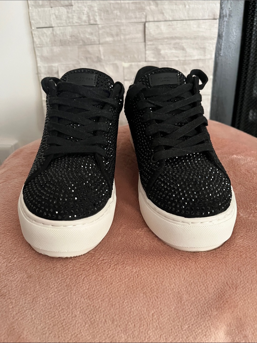 Kurt Geiger Black Crystal-Embellished Platform Sneakers with White Sole